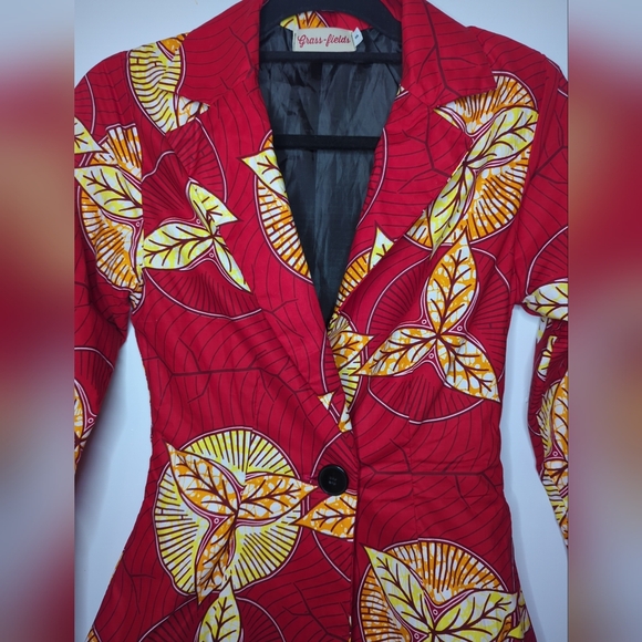 Grass Fields Blazer Jacket Size S Red And Yellow Ankara Fabric - Picture 1 of 16